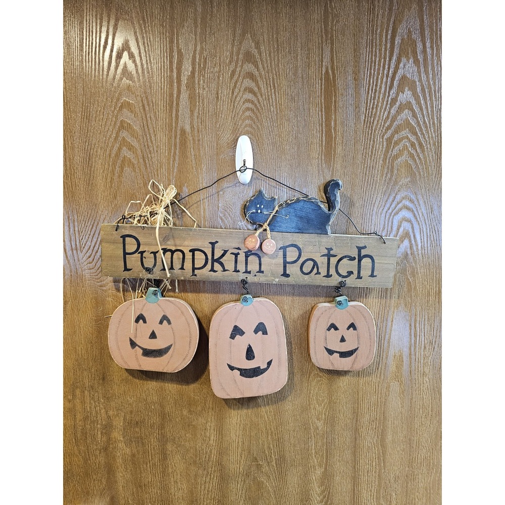 Handmade Wooden Halloween Pumpkin Patch Wall Hanging Decor Black Cat